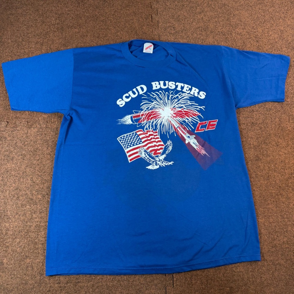 Vintage Jerzees Scud Busters CE Military Graphic T-Shirt Blue XL Patriot Missile